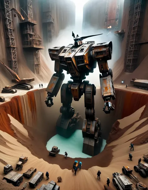 bird&#39;s eye view，（The huge scrap mecha is being pulled out of a huge pit），（The crane wire is pulling and pushing the incomplete mecha），shabby, shabby, shabby mecha，Covered in rust and running mud，Broken body，muddy gravel，many people digging，Horrified sp...