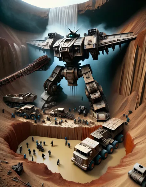 bird&#39;s eye view，（The huge scrap mecha is being pulled out of a huge pit），（The crane wire is pulling and pushing the incomplete mecha），shabby, shabby, shabby mecha，Covered in rust and running mud，Broken body，muddy gravel，many people digging，Horrified sp...