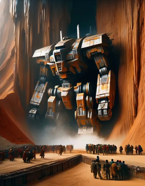 D rendering of A huge old mecha is being dragged out of a huge super-deep pit by many people, covered in rust and mud, broken bodies, sand and gravel, archaeological pits, the site,,Dripping Paint,Matte Painting,Science Fiction,Fever-Dream,Impossible,Postc...