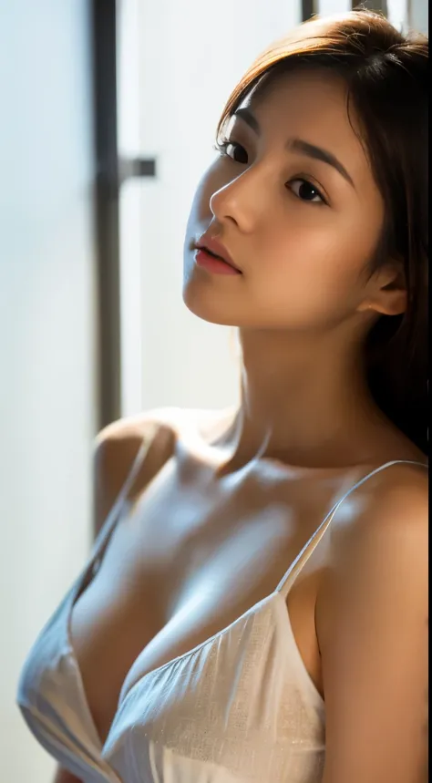 photograph, (photographrealistic: 1.4), (超realistic: 1.4), (realistic: 1.3), (smooth lighting: 1.05), (Improving film lighting quality: 0.9), kind, beautiful and attractive woman, (white nightdress, deep low neck), sexy and provocative pose, beautiful and ...