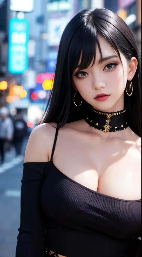 4k-ultra sharp、highest quality, masterpiece, ultra high resolution, (reality: 1.4),  1 girl, purple eyes, Off-the-shoulder sweater dresses, cinematic lighting、purple and black hair、(mine girl、goth makeup、mine makeup)、(Pierced ears、big breasts、Oversized bla...