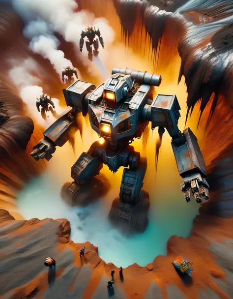 3D rendering of A huge waste mecha is being dragged out by many people from a huge super deep pit, covered with rust and mud, broken body, super many viewers, shocked expression, mud, debris flow, broken, abandoned, background: archaeological deep mud pit,...