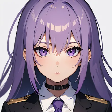 Girl, light purple hair, violet eyes, sharp features, white skin, uniform