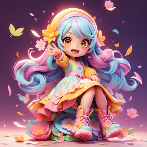 sitting at desk、 girl in,whole body、long hair-, rainbow hair,boots,open mouth，bright smile、kawaii pose、flowing iridescent silk、face、raise your eyes、Colorcon heart pattern、floral dress、There are flowers even in front of me、Sakura petals、season!!: spring☀ 🍂，...