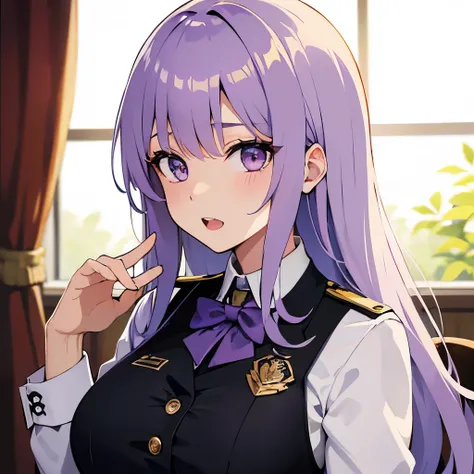 Girl, light purple hair, violet eyes, sharp features, white skin, uniform