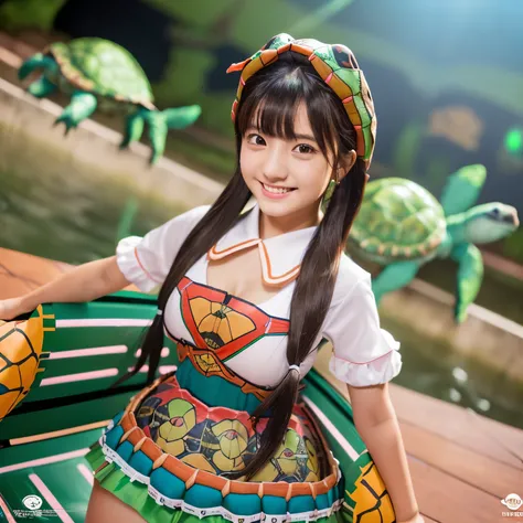 (8k、RAW photo、highest quality、masterpiece:1.2)、(realistic、Photoreal:1.35)、super detailed、超A high resolution、cinematic lighting、(((Idol who loves turtles)))、(((16 year old girl in Japan)))、(((Wearing a cute costume with a turtle motif)))、(A lot of turtles:1...