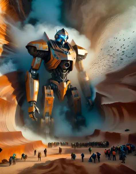 D rendering of A huge old mecha is being dragged out of a huge super-deep pit by many people, covered in rust and mud, broken bodies, sand and gravel, archaeological pits, the site,,Dripping Paint,Matte Painting,Science Fiction,Fever-Dream,Impossible,Postc...