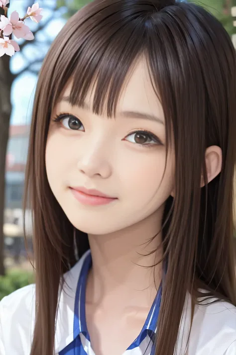 15 year old student、brown hair、beautiful eyes、real looking skin、Female college student、、(8k、masterpiece)、(realistic、Photoreal)、highest quality、very detailed、Super detailed、Beautiful woman、cute、Japanese、laughter、close-up portrait、healthy face、graduation cer...