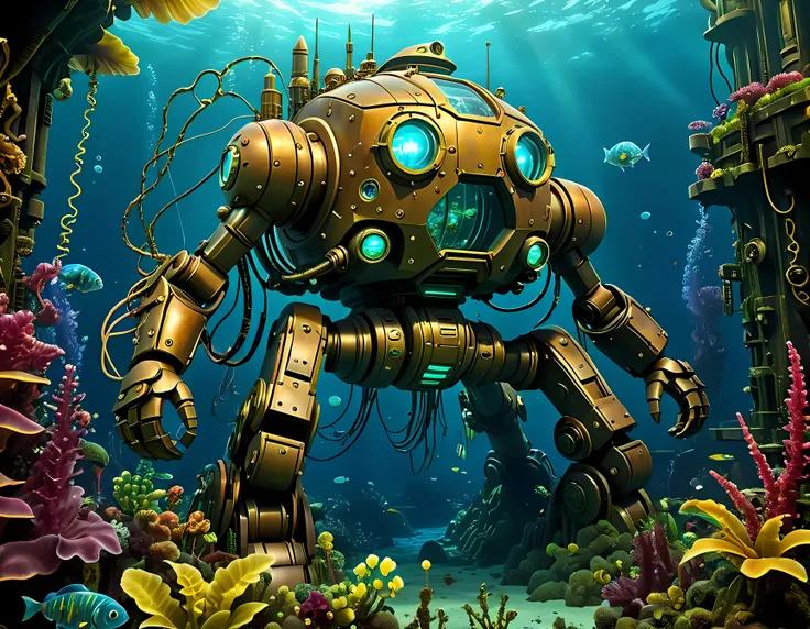 The ((abandoned)) colossal mech ((lies)) covered in oceanic plants on the bottom of the deep mysterious ocean, a titan of steel and circuitry, weathered armor, intricate patterns on its surface, (weapon parts with advanced technology), riveted whimsical pl...