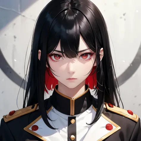 Boy, black hair, red eyes, serious sharp features, white skin, uniform