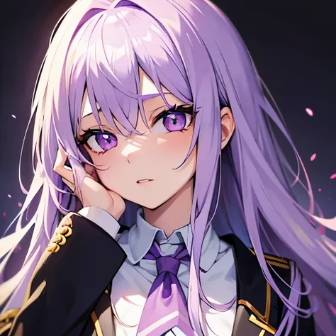 Girl, long light purple hair, violet eyes, sharp features, white skin, school uniform