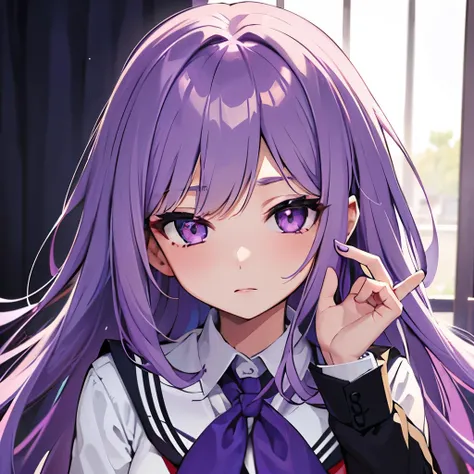 Girl, long light purple hair, violet eyes, sharp features, white skin, school uniform