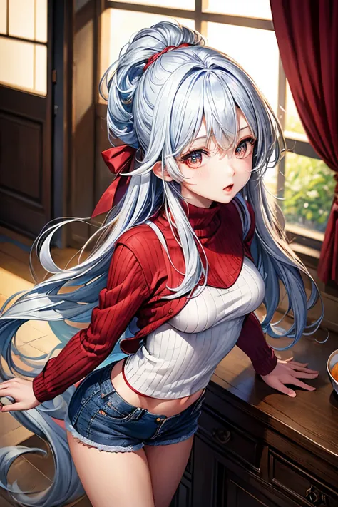 1 female、long hair、blue and silver hair、brown eyes、dense lips、Red knitwear、black shorts、bootasterpiece、high resolution、ultra high resolution、delicate、perfect lighting、16K