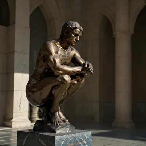 La imponente figura de "El pensador", esculpido en bronce por Auguste Rodin, se encuentra sobre un pedestal de piedra en un espacio borroso. Su pose pensativa, con el codo derecho apoyado sobre el muslo izquierdo y la mano derecha apoyando la barbilla, con...