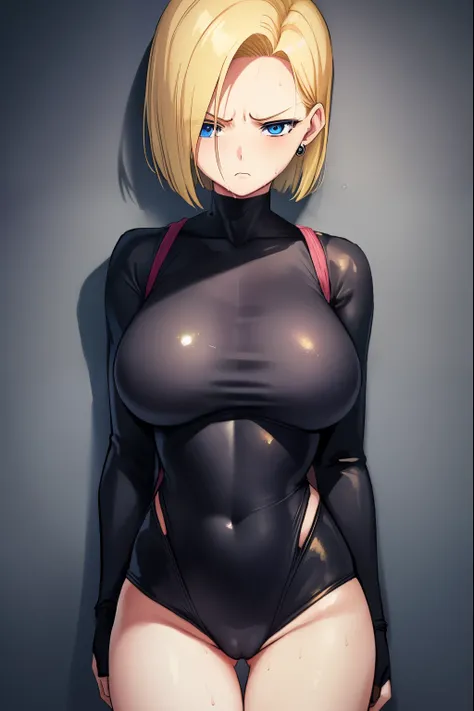 highest quality, High resolution, AND18, 1 girl, android 18, alone, golden hair, blue eyes, short hair,earrings,big breasts, frown,embarrassed face, Sweat,1 girl, Black tight suit, streak,looking at the viewer,