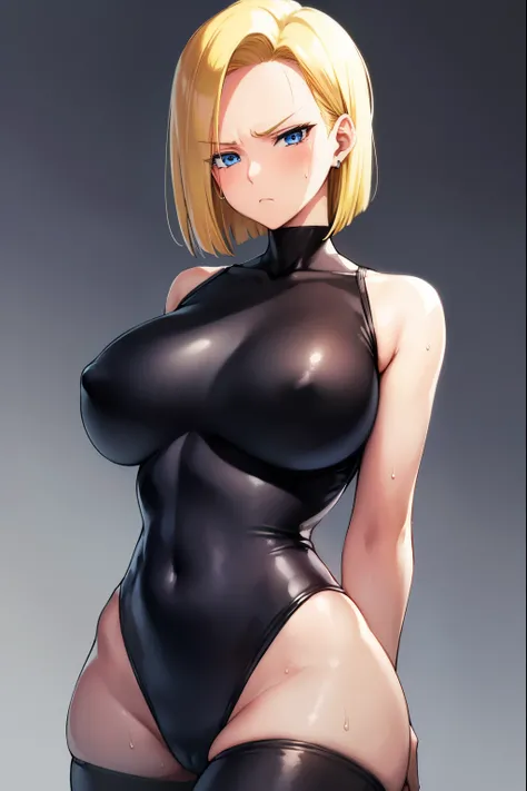 highest quality, High resolution, AND18, 1 girl, android 18, alone, golden hair, blue eyes, short hair,earrings,big breasts, frown,embarrassed face, Sweat,1 girl, Black tight suit, streak,looking at the viewer,