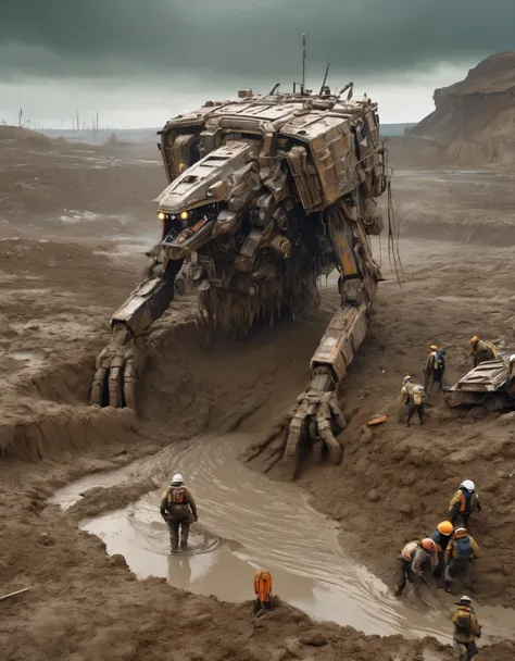 abandoned mecha buried in mud，3d rendering of a huge waste mecha is being dragged out by many people from a huge super deep pit....