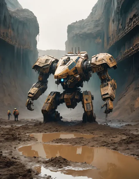 Abandoned mech,3D rendering of A huge waste mecha is being dragged out by many people from a huge super deep pit. The waste mecha is buried by a large amount of mud, whirlpool, covered with rust and mud, broken body, super large audience, astonished expres...