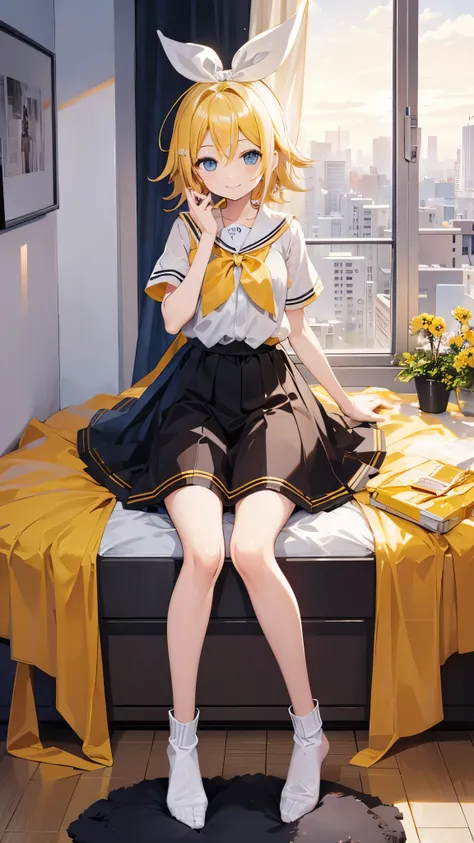 highest quality、CG、4k、Kagamine rin、whole body、morning、smile、city