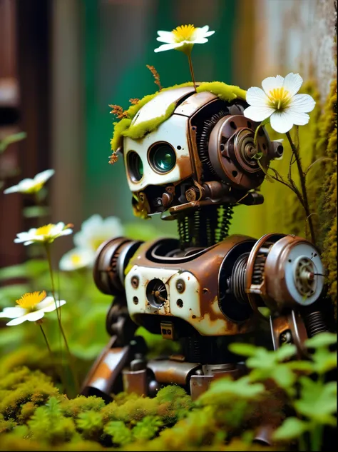 (best quality,masterpiece:1.2,detailed details),(Mechanical doll in the corner,Broken mecha doll,Old,stale,long time ago,Rusty,moss,weeds,A small white flower