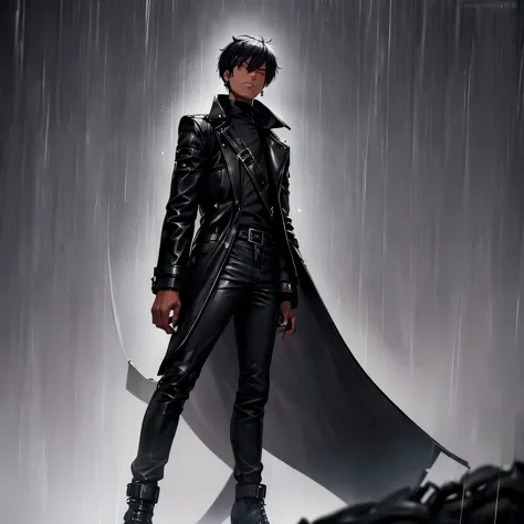 1man, (((male))), (((youthful, age 27))), (((short black hair))), (((dark-skinned))), (((serious))), (((black leather coat))), (((black high-neck top))), (((black trousers))), (((black high-heel boots))), (((black earrings))), (((black and grey backdrop)))...