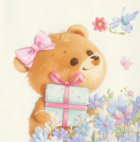 a closeup of a happy teddy bear holding a present in a field of flowers, a bird and a butterfly flying, in the style of book illustration, teddy bear in fur texture, isolated on white background, arte digital detalhada fofa, arte fofa, 8k illustration