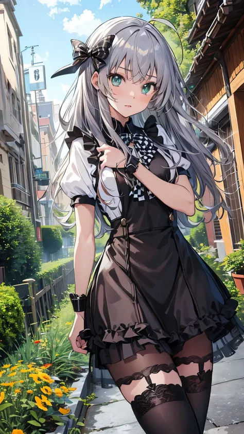 (tsuuhaiken),masterpiece,best quality,highres,ultra-detailed,aanyaruko,long hair,(silver hair),ahoge,shirt,white shirt,checkered clothes,short sleeves,black apron,skirt,checkered skirt,zettai ryouiki,(white thighhighs:1.2),high heels,outdoors,garden,black ...