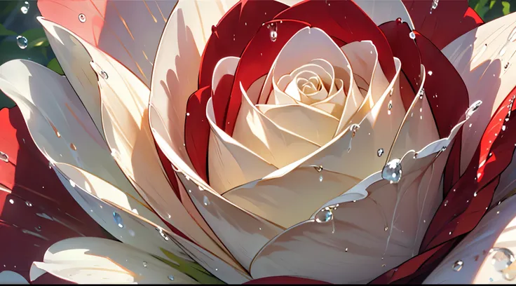 a close up of a white red rose with water water droplets on it, detailed water droplets, covered in water dripping, red rose, water water droplets, water droplets, right after the rain, perfect details, water dripping, zoomed in shot, close-up shot in the ...