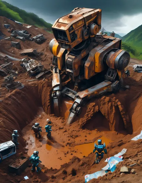 bird&#39;s eye view，mudslide buried a huge abandoned mecha，lying in a pit，the mecha is covered in rust and running mud.，broken b...