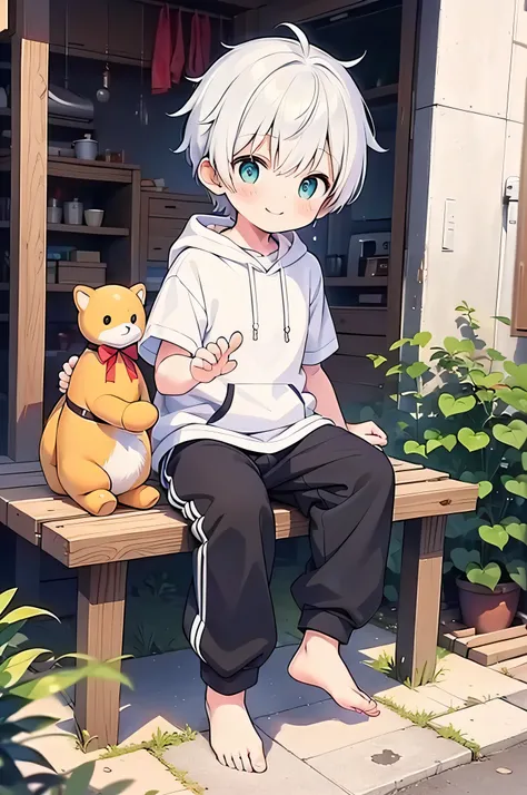 masterpiece, chubby little boys with white hair and shiny bright green eyes and small socks wearing a hoodie, and oversized swea...