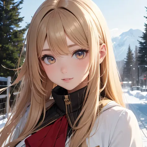 Girl, long brown-blonde hair, brown eyes, calm features, white skin, winter uniform