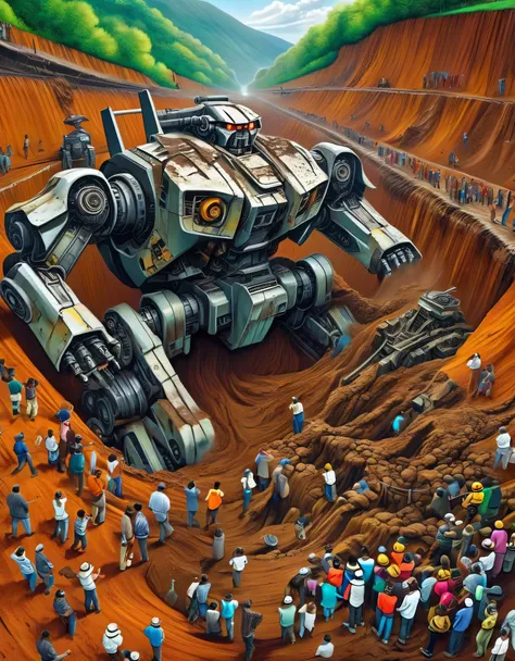 bird&#39;s eye view，Mudslide buried a huge abandoned mecha，A huge mecha lies in a deep pit，The mecha is covered in rust and running mud.，Broken body，muddy gravel，many people digging，Horrified spectators look into the pit，archaeological pit，background：Many ...