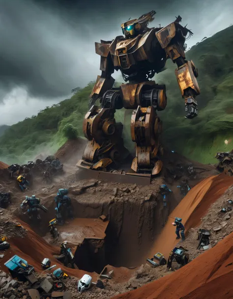 bird&#39;s eye view，mudslide buried a huge abandoned mecha，lying in a pit，the mecha is covered in rust and running mud.，broken b...