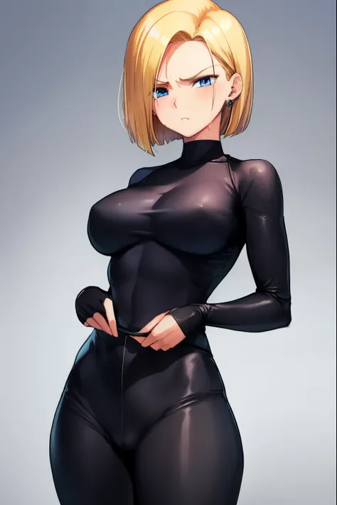 highest quality, High resolution, AND18, 1 girl, android 18, alone, golden hair, blue eyes, short hair,earrings,big breasts, frown,embarrassed face, Sweat,1 girl, Black tight suit, streak,looking at the viewer,