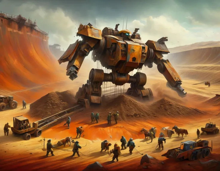  ，A huge abandoned mecha is being dragged out of a huge, super deep pit by many people.，Covered in rust and mud，Broken body，Sand，archaeological pit，on site，animal painting in style of Alexander Jansson, detailed