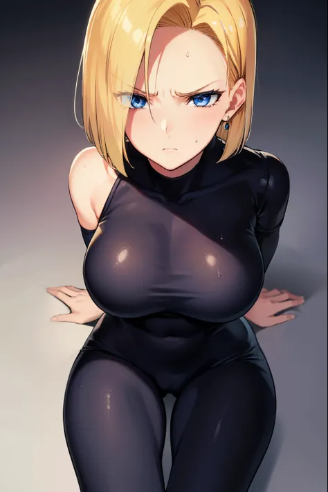 highest quality, High resolution, AND18, 1 girl, android 18, alone, golden hair, blue eyes, short hair,earrings,big breasts, frown,embarrassed face, Sweat,1 girl, Black tight suit, streak,looking at the viewer,crawl on all fours