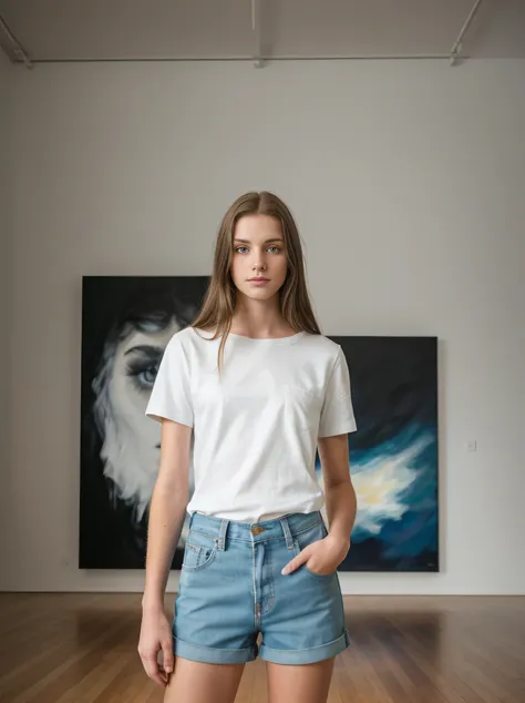 young woman, 16 Jahre alt, iPhone-camera, straight hairs, beautiful, 16 years old, in shorts and a shirt, full body pose, in a modern art room, ((realistic light)). beautiful face and eyes, model shoot, cool, cool style. ((photography))