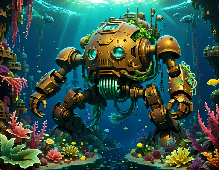 pixel art, the ((abandoned)) colossal mech ((lies)) covered in oceanic plants on the bottom of the deep mysterious ocean, a tita...