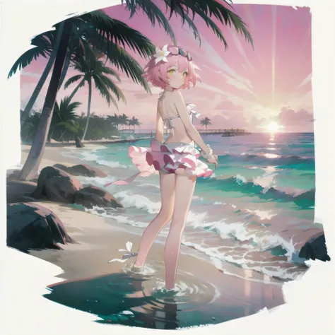 [(White background:1.15), ::2]alone, medium shot, whole body，small stature，high saturation，pink short hair，White ribbon on the head， Pink theme swimsuit，bikini，yellow eyes，blush，Smile，Sunlight，beach，coconut tree，A flower that turns pink at the end of the s...