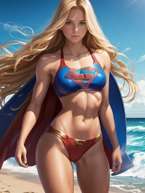 photo of late teenage supergirl in her iconic superman costume in the form of large breasts topless with tiny bikini bottoms with muscular arms and ripped abdominal muscles standing on the beach, long blonde hair blowing in the beach breeze, realistic skin...