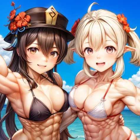 2girls,muscular female,,muscular ,biceps,,thick arm,biceps,(klee, hu tao,ganyu),happy,swimsuit,abs