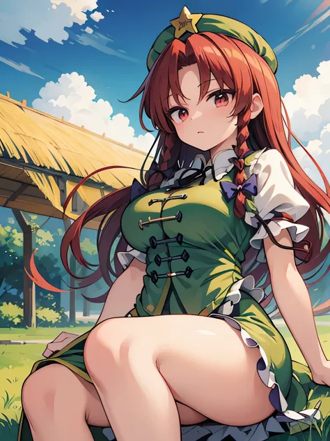 masterpiece, best quality, extremely detailed, anime, girl, (((touhou project))),(((Hong Meiling))) ,(((Drooping eyes))),big tits,shyness ,, 