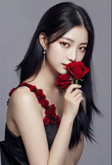 (highest quality, masterpiece), (1 girl, alone, black dress, Are standing , looking at the viewer, gray hair, red eyes, holding a rose, closed mouth, Upper body), (red dream catcher in the back, Red flower, )