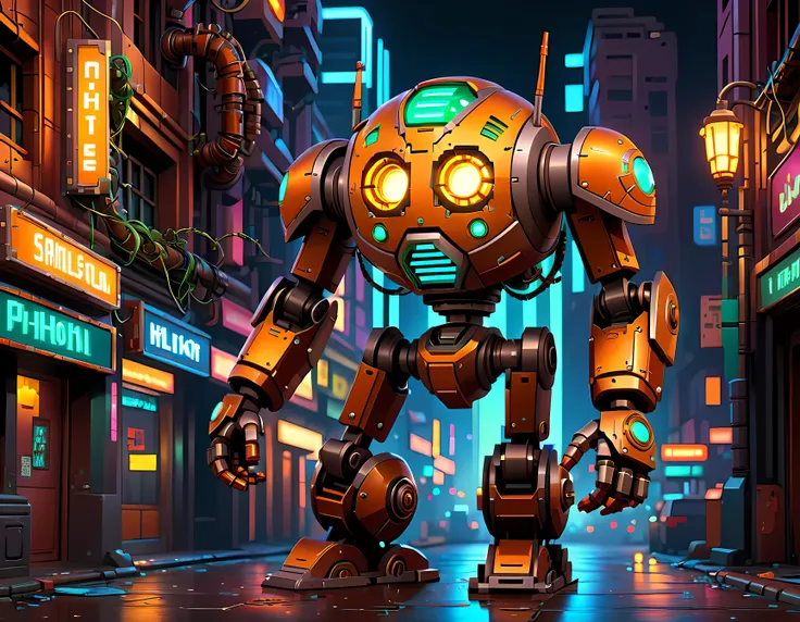 pixel art, the abandoned mechanoid with a weathered and rusted metallic body, its intricate design blends art deco influences wi...