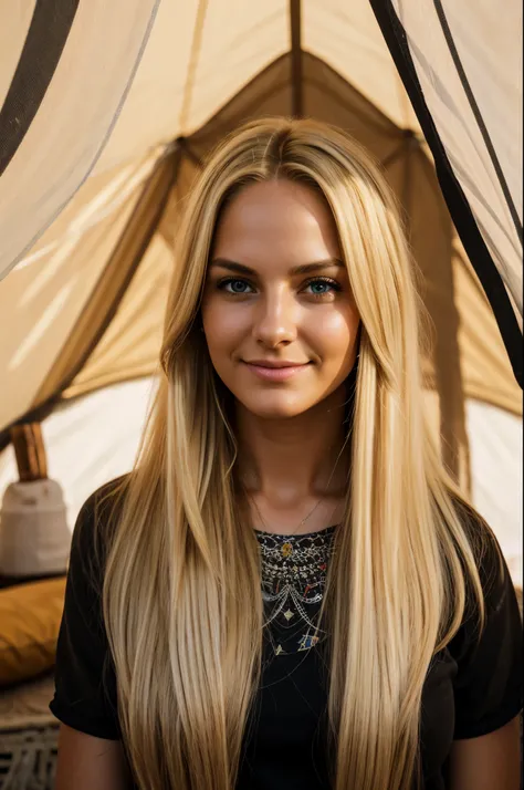 Raw photo, female, american, best quality、high resolution, photorealistic, hyper detailed, beautiful woman with (long brushed blonde hair:1.4), taken in a colorful tent sculpture at burning man, during a amber sandstorm, lit up from the inside, lovely swee...