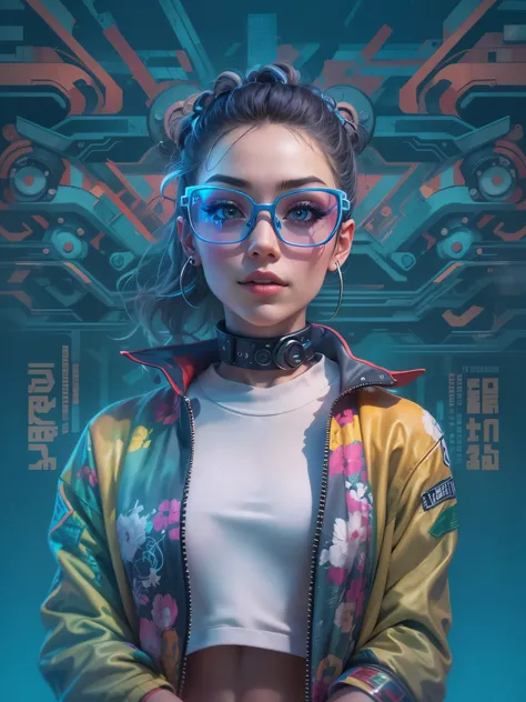 Advertising poster style Tranquil, ((best quality)) , ((masterpiece)) , ((details)) , Fashion photography of a Cyberpunk (Girl:1.1) , she has a smug smile, Contemplative Aztec Eyeliner, Browline glasses, Sharp and in focus, Rainbowpunk, dynamic, Kodak Ultr...