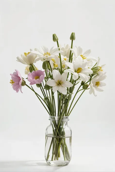 spring flowers of different colors lie on a white background, without people, add an inscription from March 8