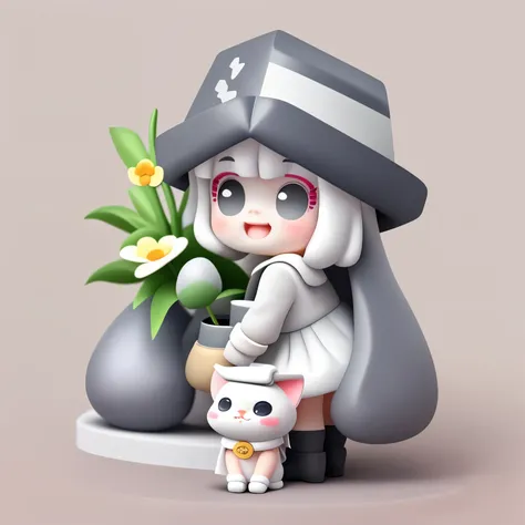 Bubble Mart blind box style，A cute little girl who loves to laugh，Holding a pot of flowers，I turned around and found a kitten sitting on the ground.，Wearing a white box-shaped hat，princess cut hairstyle，Off-white hair，Wearing dark gray skirt and boots