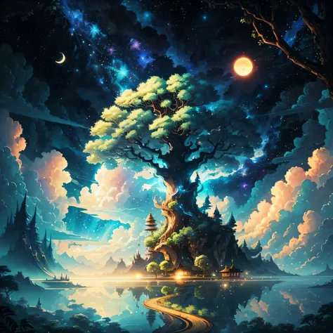 A surrealist one、de otro mundo、Illustration of the super sky scene.，Including a huge banyan tree、El atardecer es suave y ligero.、Vegetation and surrounding rivers.、There is also an aerial sign that says Ziqiu no Realm.，escena、giant tree、Hermosas hojas verd...