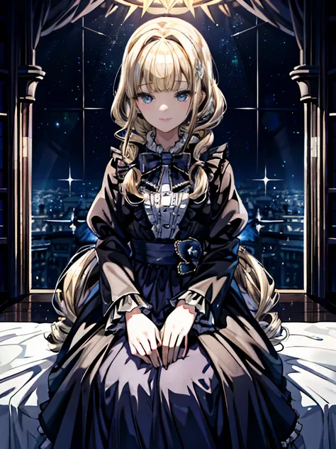 dramatic composition, coat style dress, royal, nice, カスケードfrills, frills, bow, crystal chandelier, roman curly hairstyle, ponette, (((double ponytail like a drill))),Blonde girl， look at the camera, bangs, maximalism, palace background, Delicate depiction ...